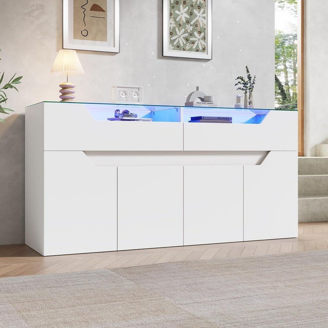 Buffet gris clair, contemporain, rangement interieur optimise