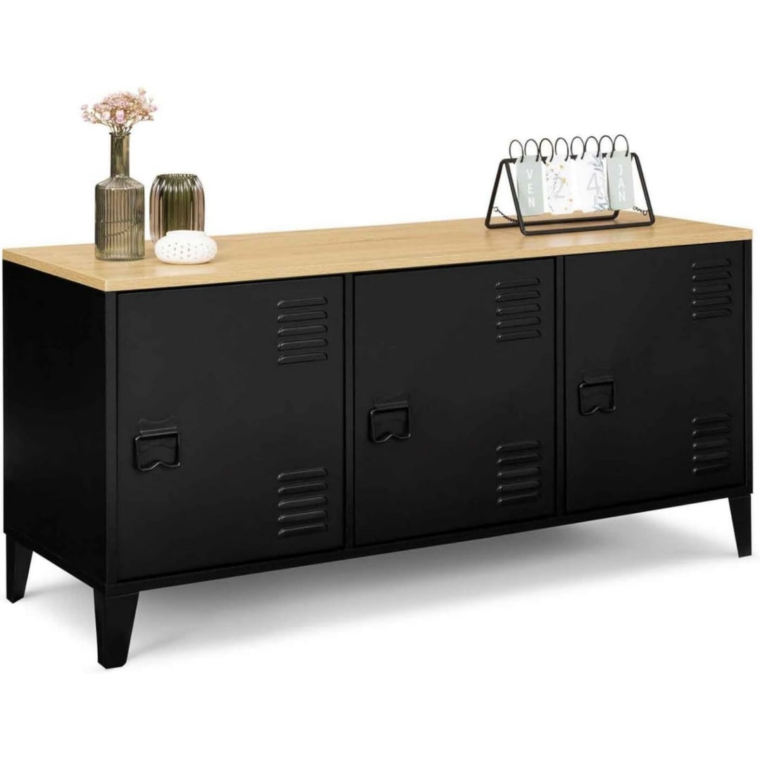 Enfilade noir a 3 portes 1 etagere, style industriel en bois ingenierie