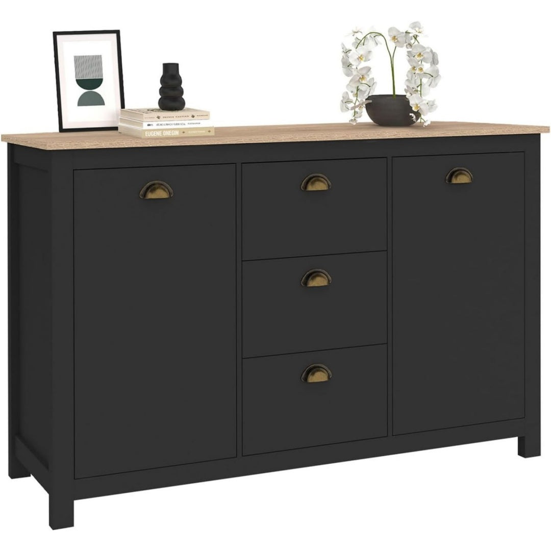 Enfilade gris fonce a 2 portes 3 tiroirs, rangement compact