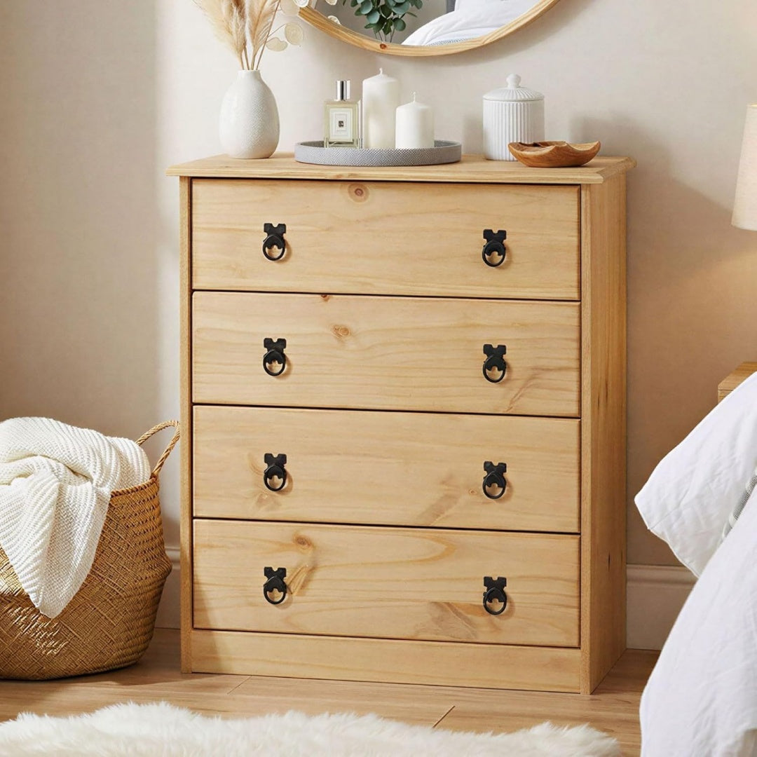 Chiffonnier rangement beige 4 tiroirs rustique